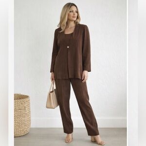 Vintage Rabbit Designs Brown Rayon 3 Piece Pantsuit Set Made USA Minimalist 90s